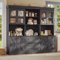 71" Farmhouse Kitchen Pantry Cabinet Set of 3, Black Freestanding Coffee Bar Hutch with Glass Doors, Drawers & Adjustable Shelves, Large Storage Cabinet with Microwave Stand for Living Room & Kitchen